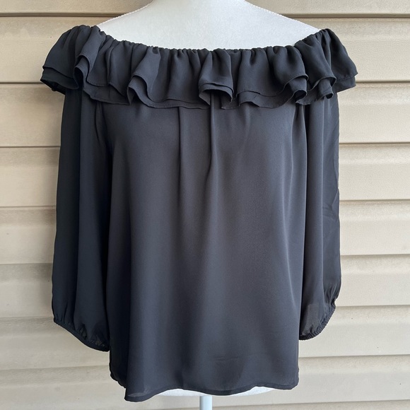 J. Crew Tops - •J.Crew• Double Ruffle Off Shoulder Black Blouse - Size Medium